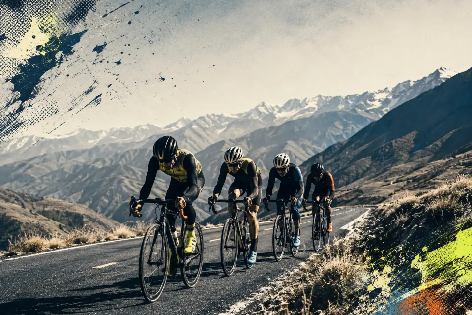 Editorial illustration of Chinese riders on a high-altitude climb