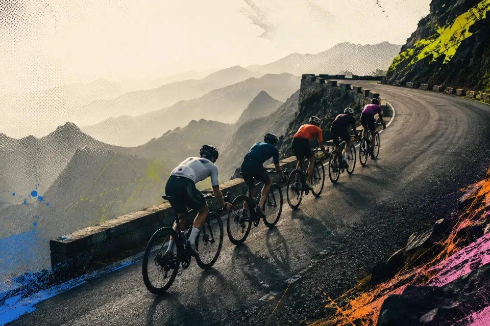 Editorial illustration of an elite men's climbing group